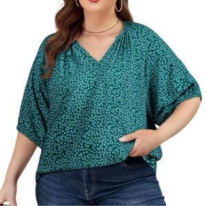 Floral V-Neck Dolman Sleeve Blouse - Green